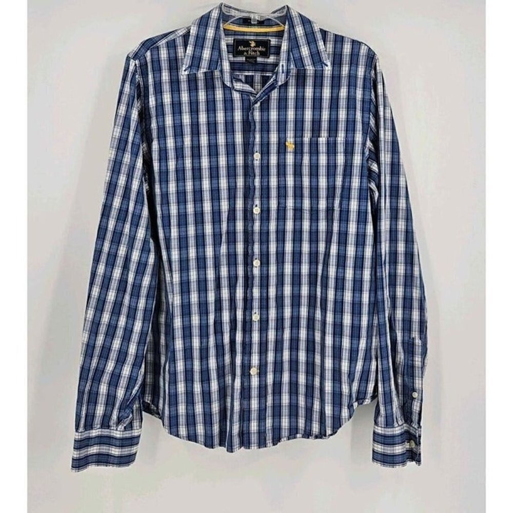 Abercrombie & Fitch Muscle Mens Blue White Plaid Button Front Shirt Size L - Picture 1 of 3